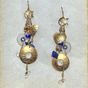 Tabra Tunoa Vintage Earrings - Lapis, Coral, Quartz, Jasper, and Gold Leaf